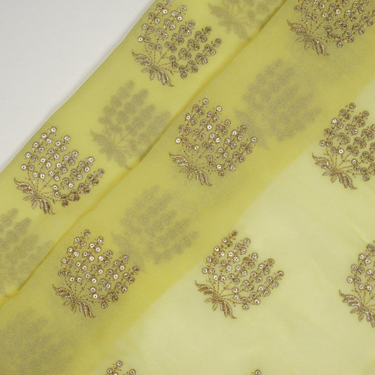 Aina Lemon Viscose Georgette Embroidered Fabric in Buta Pattern