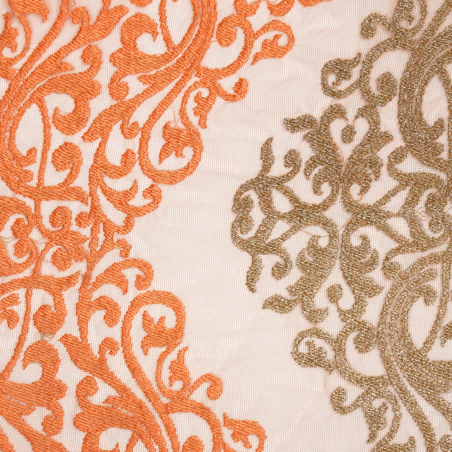 Urooz Light Peach Net Embroidered Fabric in Jaal Pattern