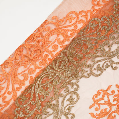 Urooz Light Peach Net Embroidered Fabric in Jaal Pattern