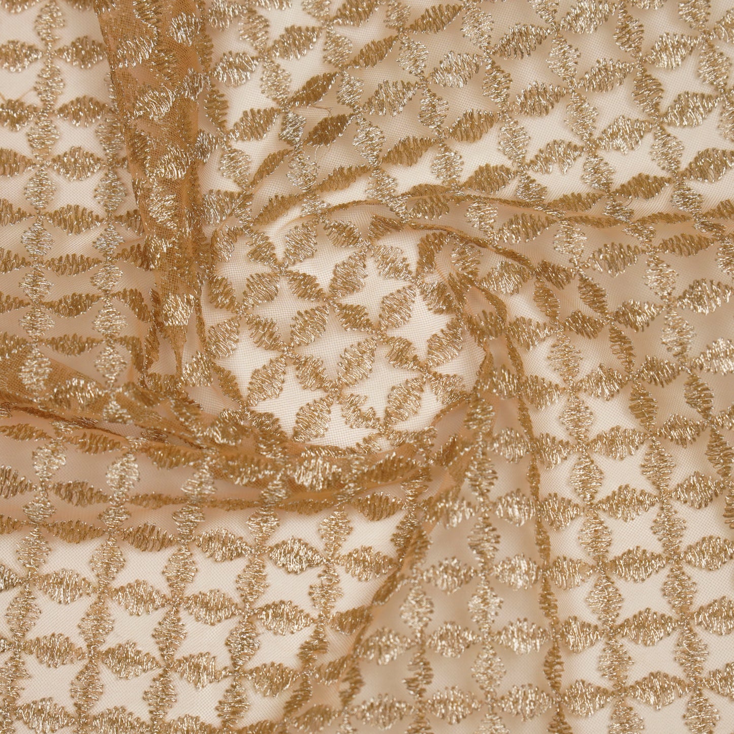 Mumtaz Peach Net Embroidered Fabric in Jaal Pattern