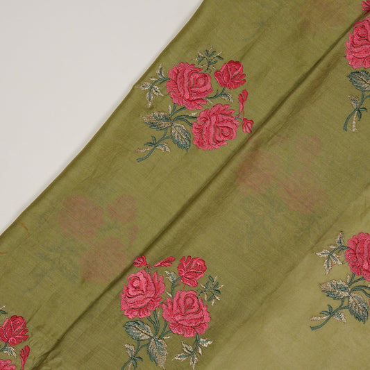 Nuryn Olive Chanderi Embroidered Fabric in Floral Buta Pattern