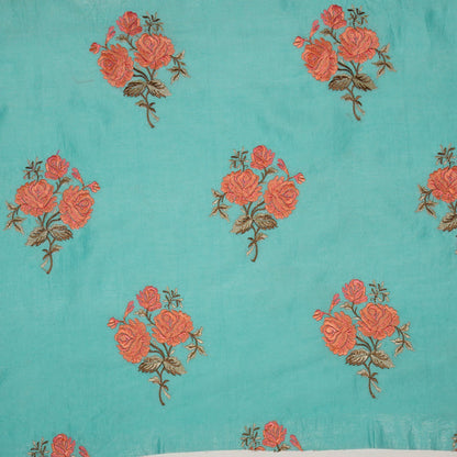 Nuryn Teal Blue Chanderi Embroidered Fabric in Floral Buta Pattern