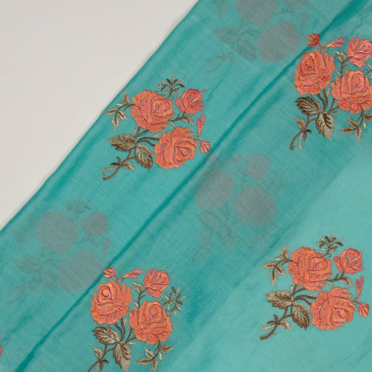 Nuryn Teal Blue Chanderi Embroidered Fabric in Floral Buta Pattern