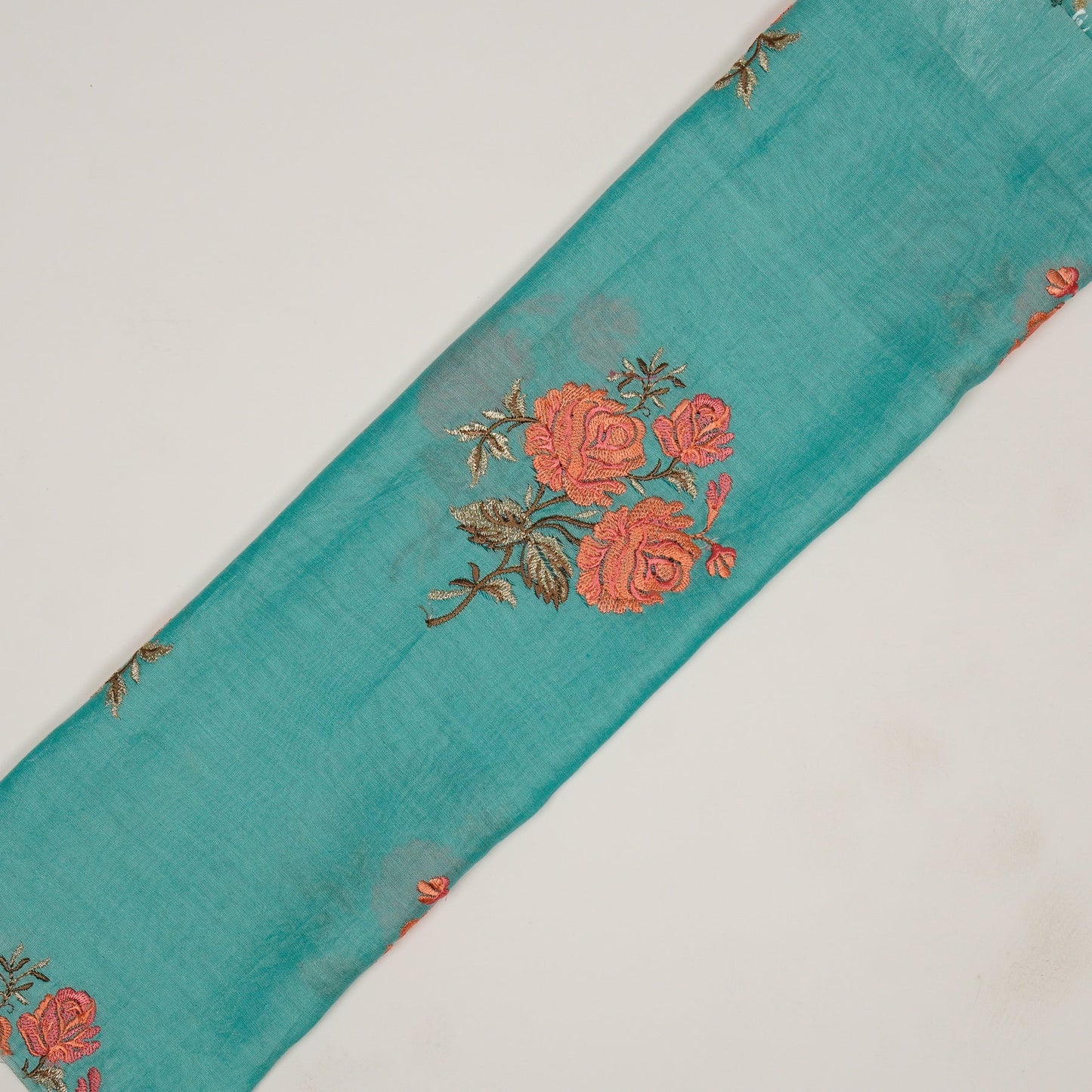 Nuryn Teal Blue Chanderi Embroidered Fabric in Floral Buta Pattern