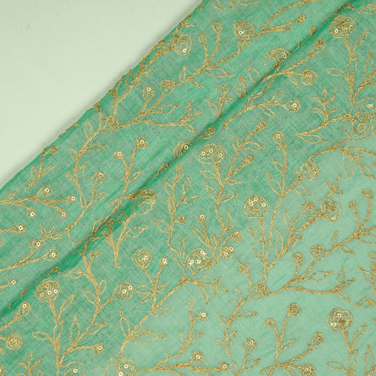 Ziya Aqua Mul Chanderi Embroidered Fabric in Jaal Pattern