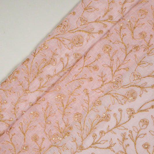 Ziya Light Pink Mal Chanderi Embroidered Fabric in Jaal Pattern