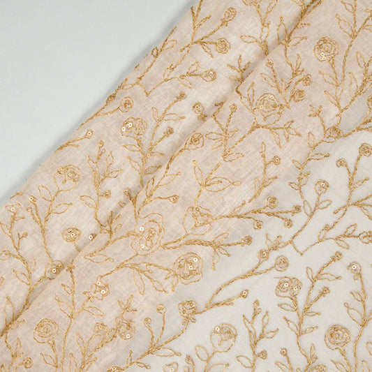 Ziya Ivory Mul Chanderi Embroidered Fabric in Jaal Pattern