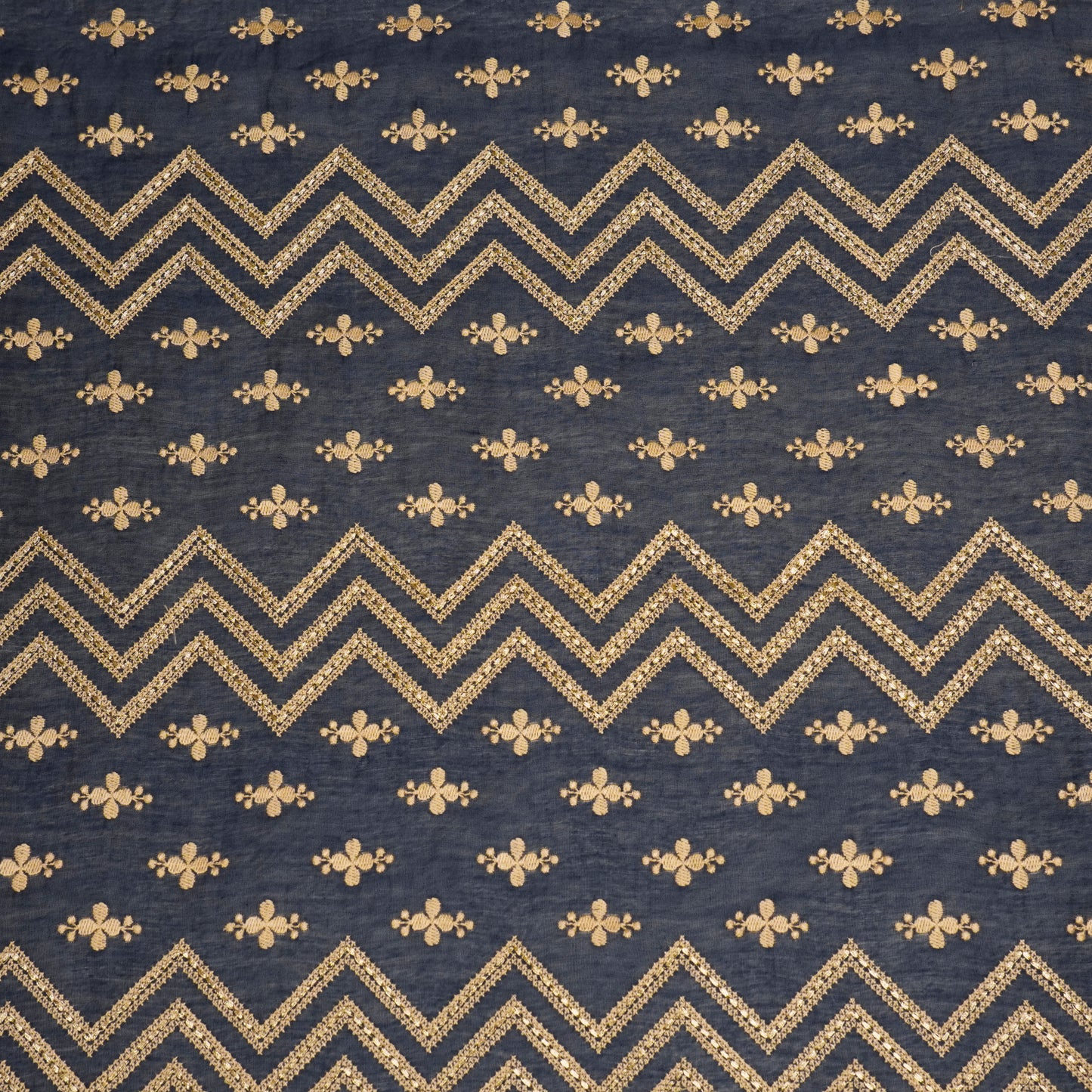 Umi Navy Blue Dola Silk Embroidered Fabric in Jaal Pattern