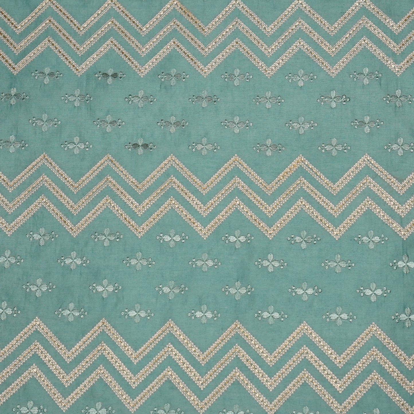 Umi Teal Viscose Raw Silk Embroidered Fabric in Jaal Pattern