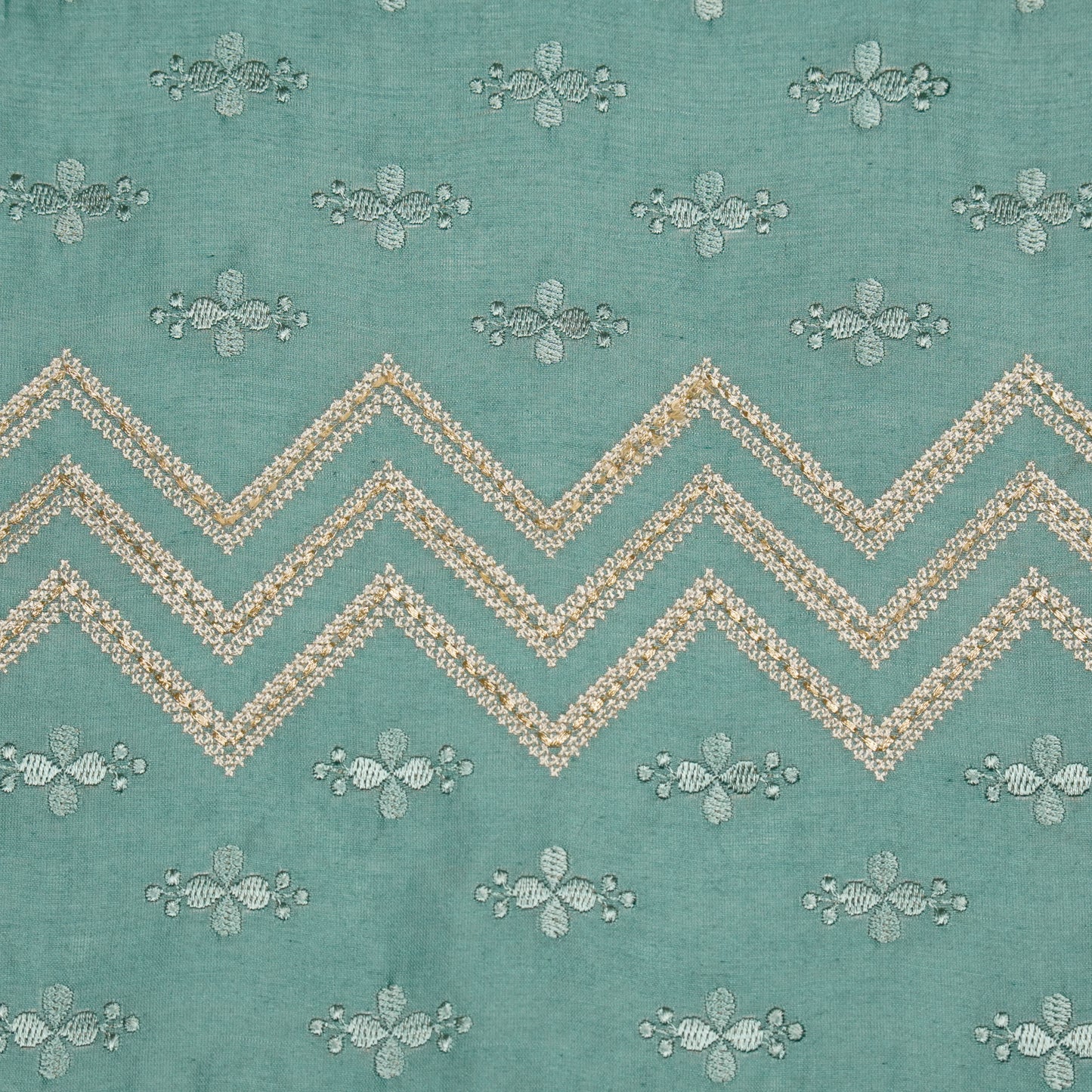 Umi Teal Dola Silk Embroidered Fabric in Jaal Pattern