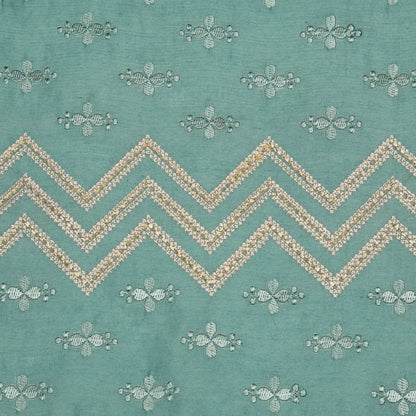 Umi Teal Viscose Raw Silk Embroidered Fabric in Jaal Pattern