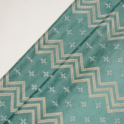 Umi Teal Dola Silk Embroidered Fabric in Jaal Pattern