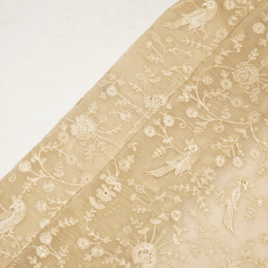 Hasna Beige  Viscose Raw Silk Embroidered Fabric in Jaal Pattern