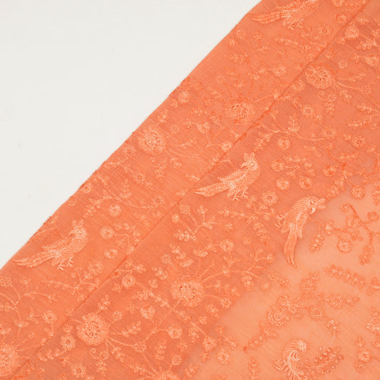 Hasna Peach Viscose Raw Silk Embroidered Fabric in Jaal Pattern