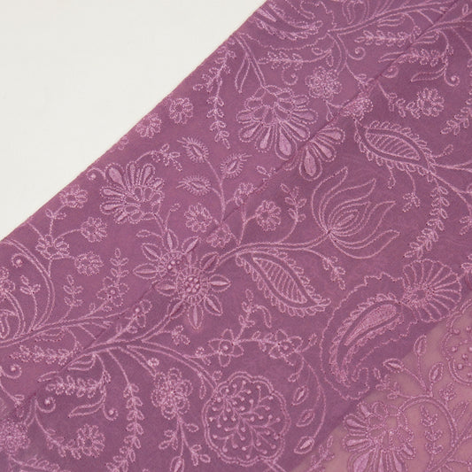 Tiesha Deep Mauve Dola Silk Embroidered Fabric in Jaal Pattern