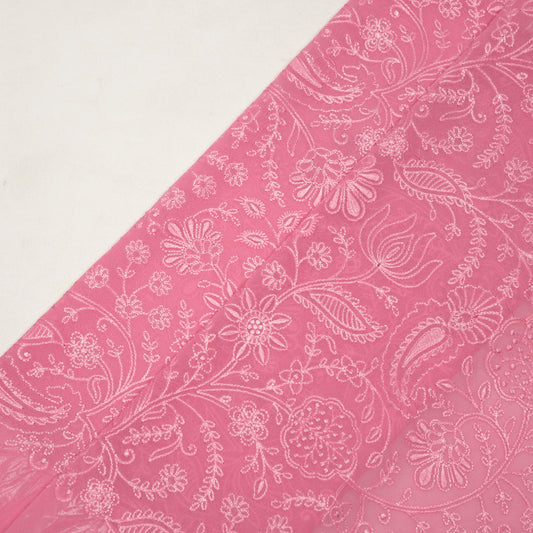 Tiesha Pink Viscose Raw Silk Embroidered Fabric in Jaal Pattern