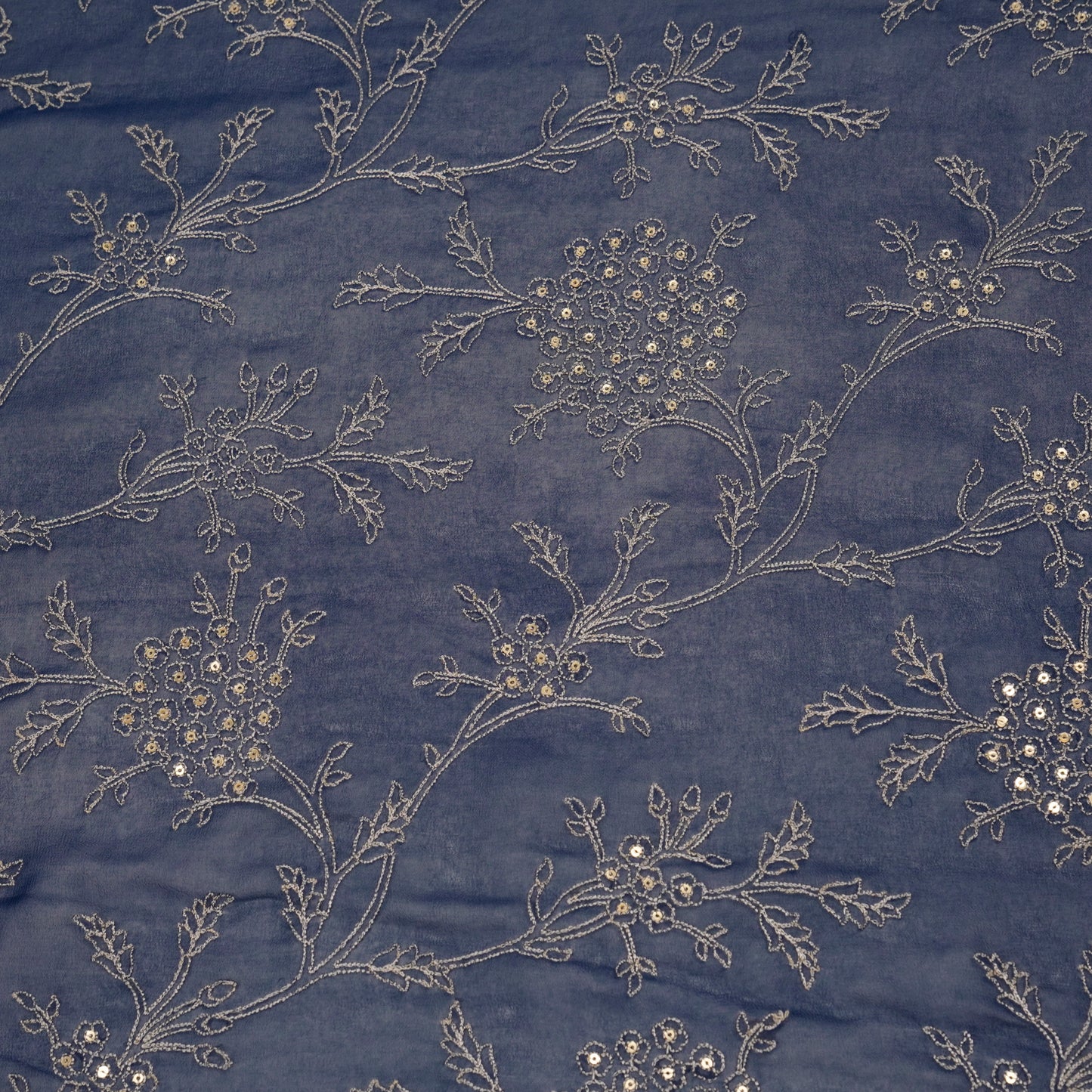 Shida Navy Blue Viscose Georgette Embroidered Fabric in Jaal Pattern