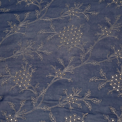 Shida Navy Blue Viscose Georgette Embroidered Fabric in Jaal Pattern