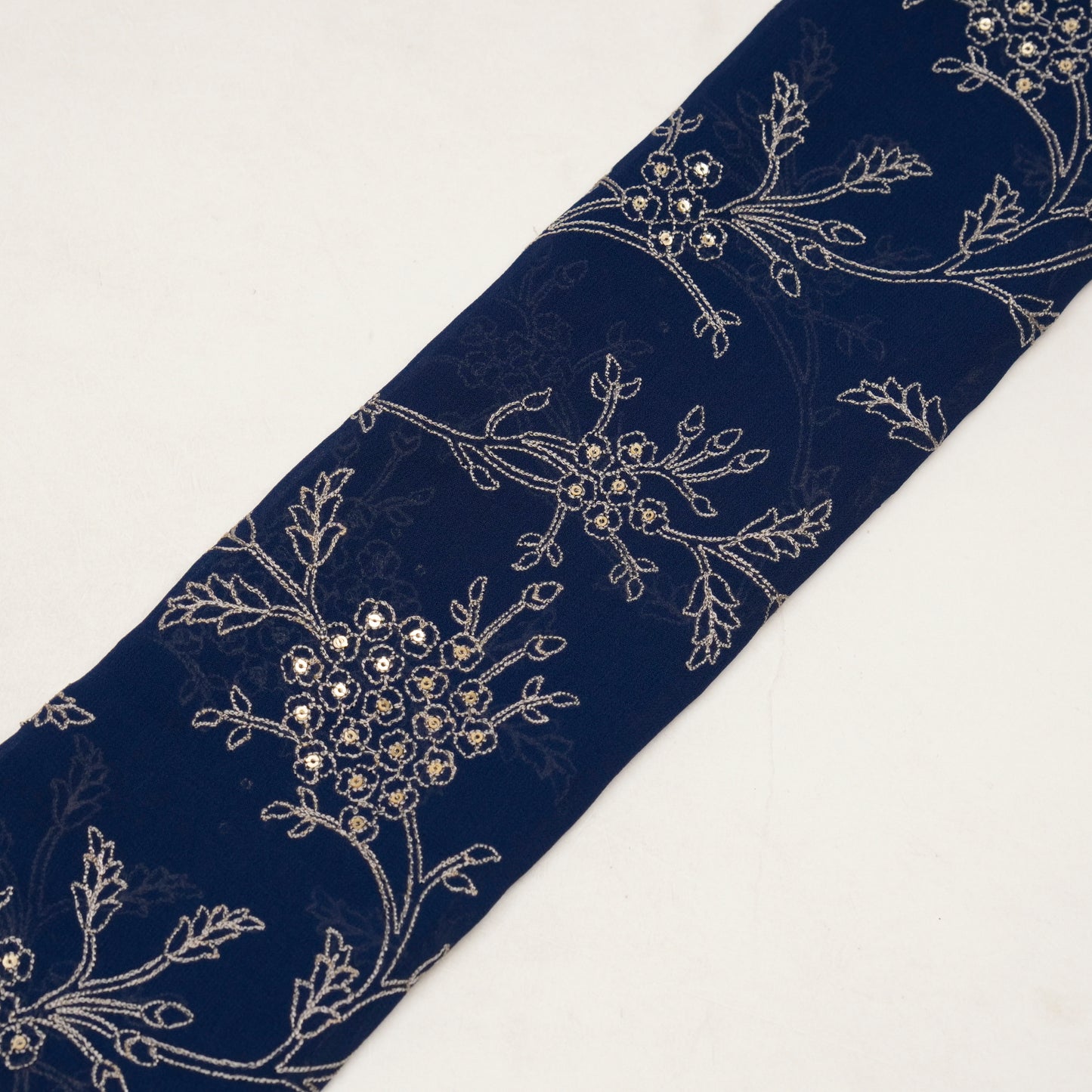 Shida Navy Blue Viscose Georgette Embroidered Fabric in Jaal Pattern