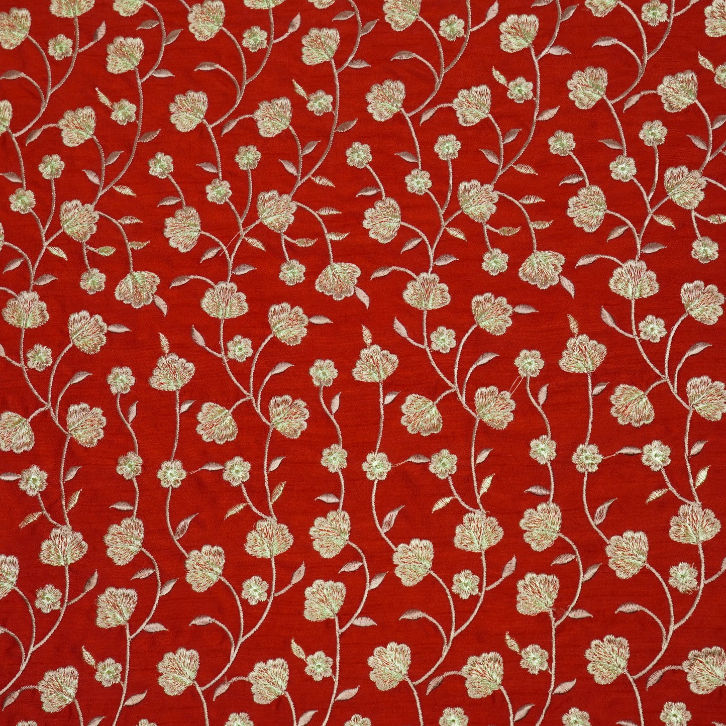 Ismat Red Viscose Raw Silk Embroidered Fabric in Jaal Pattern