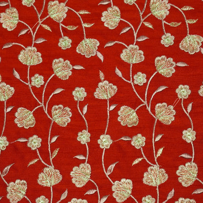 Ismat Red Viscose Raw Silk Embroidered Fabric in Jaal Pattern