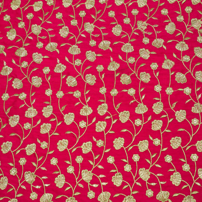 Ismat Fuxia Viscose Raw Silk Embroidered Fabric in Jaal Pattern