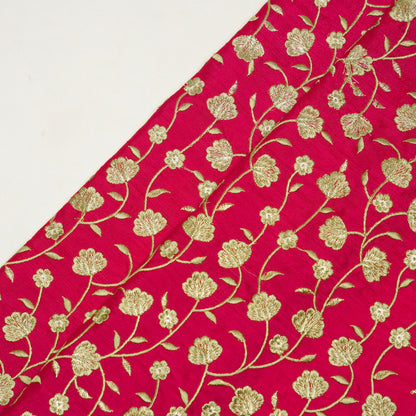 Ismat Fuxia Viscose Raw Silk Embroidered Fabric in Jaal Pattern