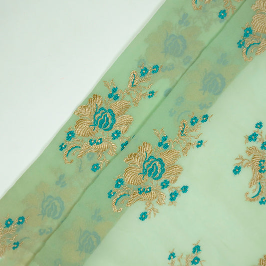 Abeer Sea Green Viscose Georgette Embroidered Fabric in Buta Buti Mixture Pattern