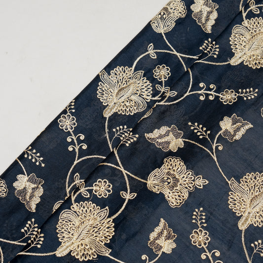 Usma Navy Blue Dola Silk Embroidered Fabric in Jaal Pattern