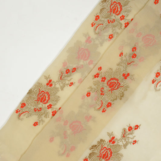 Abeer Cream Viscose Georgette Embroidered Fabric in Buta Buti Mixture Pattern