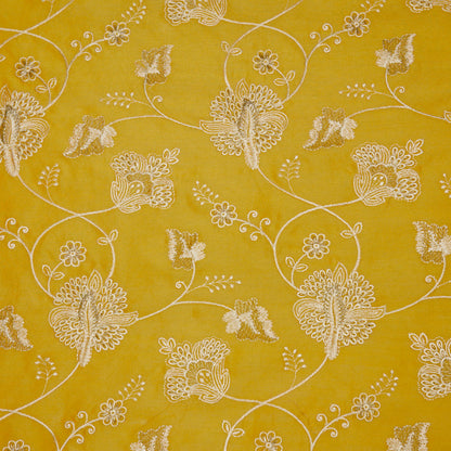 Usma Gold Viscose Raw Silk Embroidered Fabric in Jaal Pattern