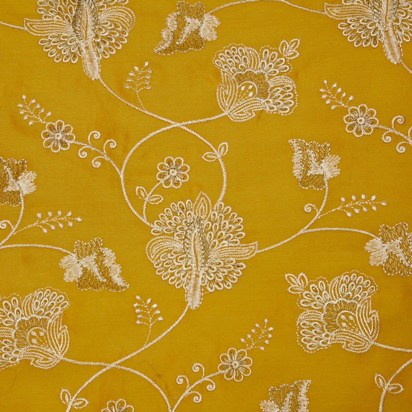 Usma Gold Viscose Raw Silk Embroidered Fabric in Jaal Pattern