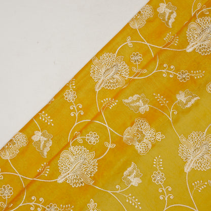 Usma Gold Viscose Raw Silk Embroidered Fabric in Jaal Pattern