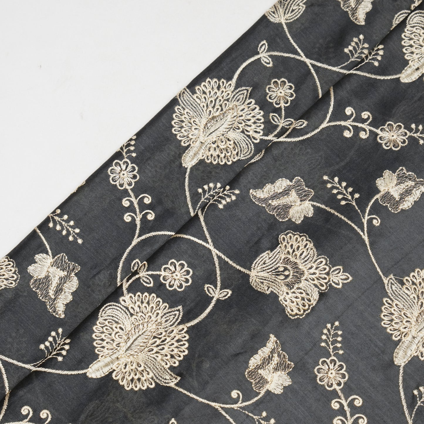 Usma Charcoal Viscose Raw Silk Embroidered Fabric in Jaal Pattern