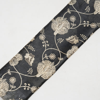 Usma Charcoal Viscose Raw Silk Embroidered Fabric in Jaal Pattern