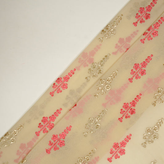 Adiva Beige Viscose Georgette Embroidered Fabric in Buta Pattern