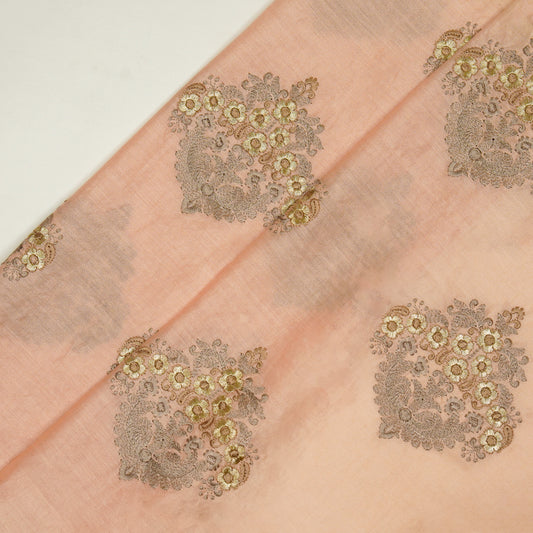 Famya Peach Chanderi Embroidered Fabric in Buta Pattern
