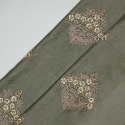 Famya Muddy Grey Chanderi Embroidered Fabric in Buta Pattern