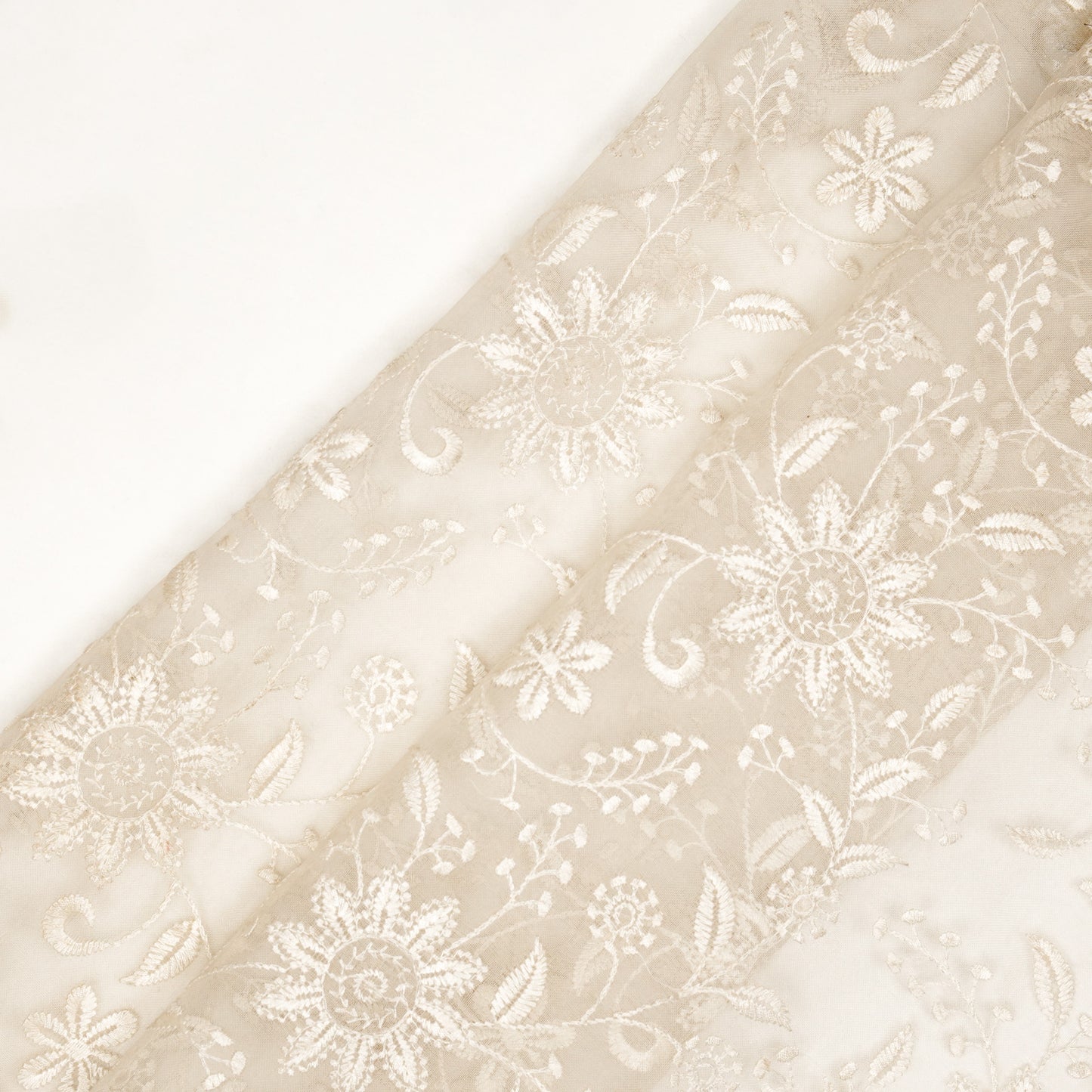 Esita Ivory Viscose Organza  Embroidered Fabric in Jaal Pattern