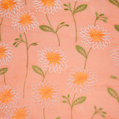 Akila Deep Peach Viscose Georgette Embroidered Fabric in Jaal Pattern