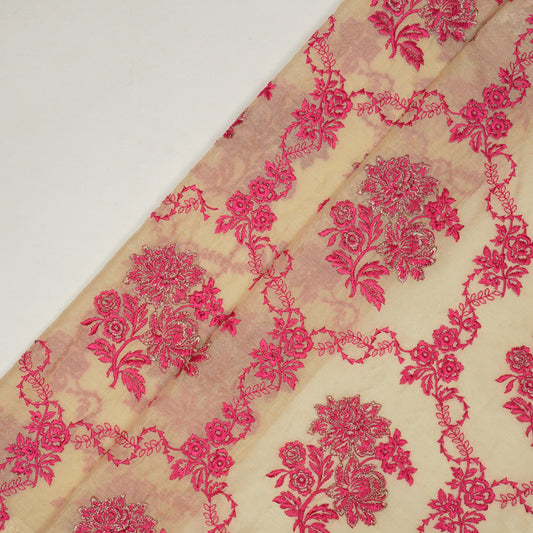 Nurul Beige/Fuxia Chanderi Embroidered Fabric in Jaal Pattern