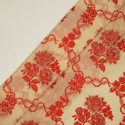 Nurul Beige/Red Chanderi Embroidered Fabric in Jaal Pattern