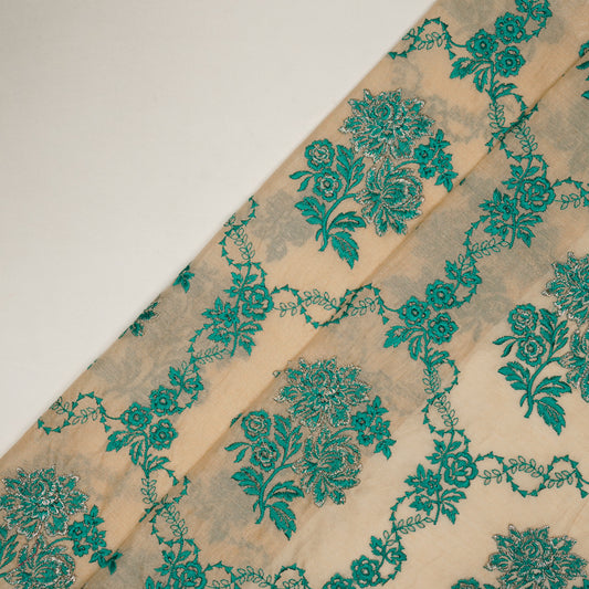 Nurul Beige/Teal Chanderi Embroidered Fabric in Jaal Pattern