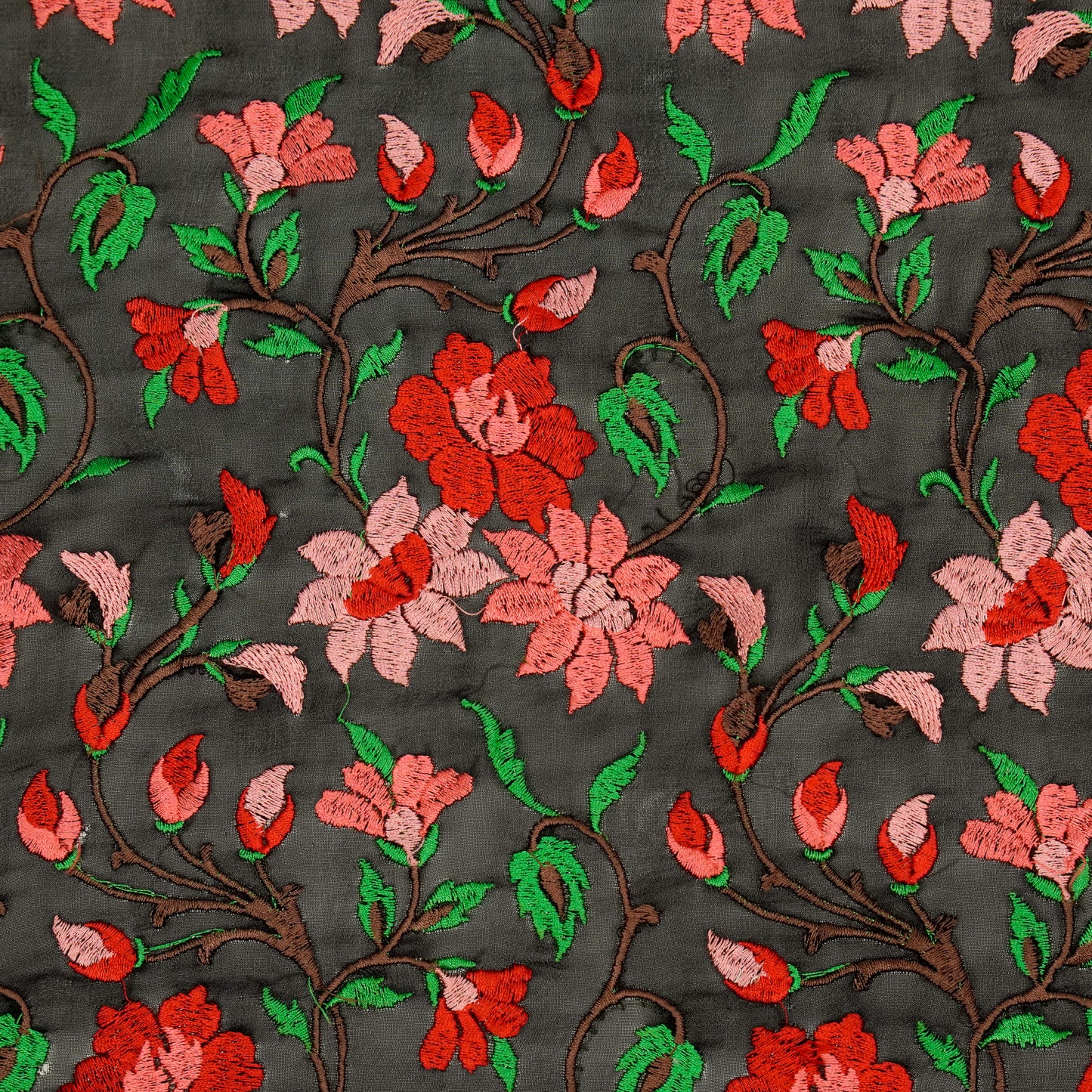 Tahani Floral Black Viscose Georgette Embroidered Fabric in Jaal Pattern