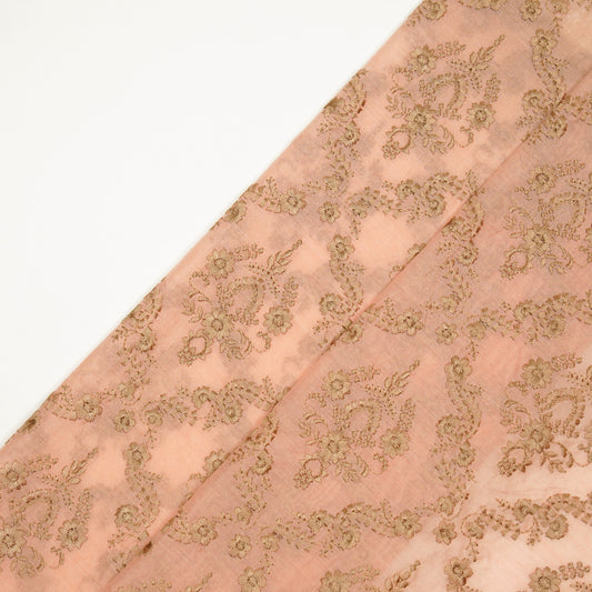 Luna Light Peach Viscose Georgette Embroidered Fabric in Jaal Pattern