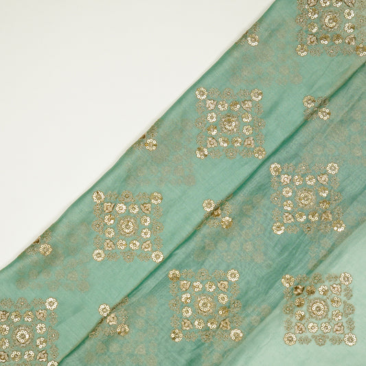 Amina Light Teal Chanderi Embroidered Fabric in Buta Pattern