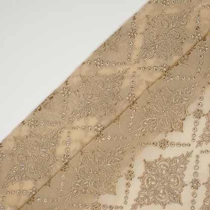 Iaika Beige Chanderi Embroidered Fabric in Jaal Pattern