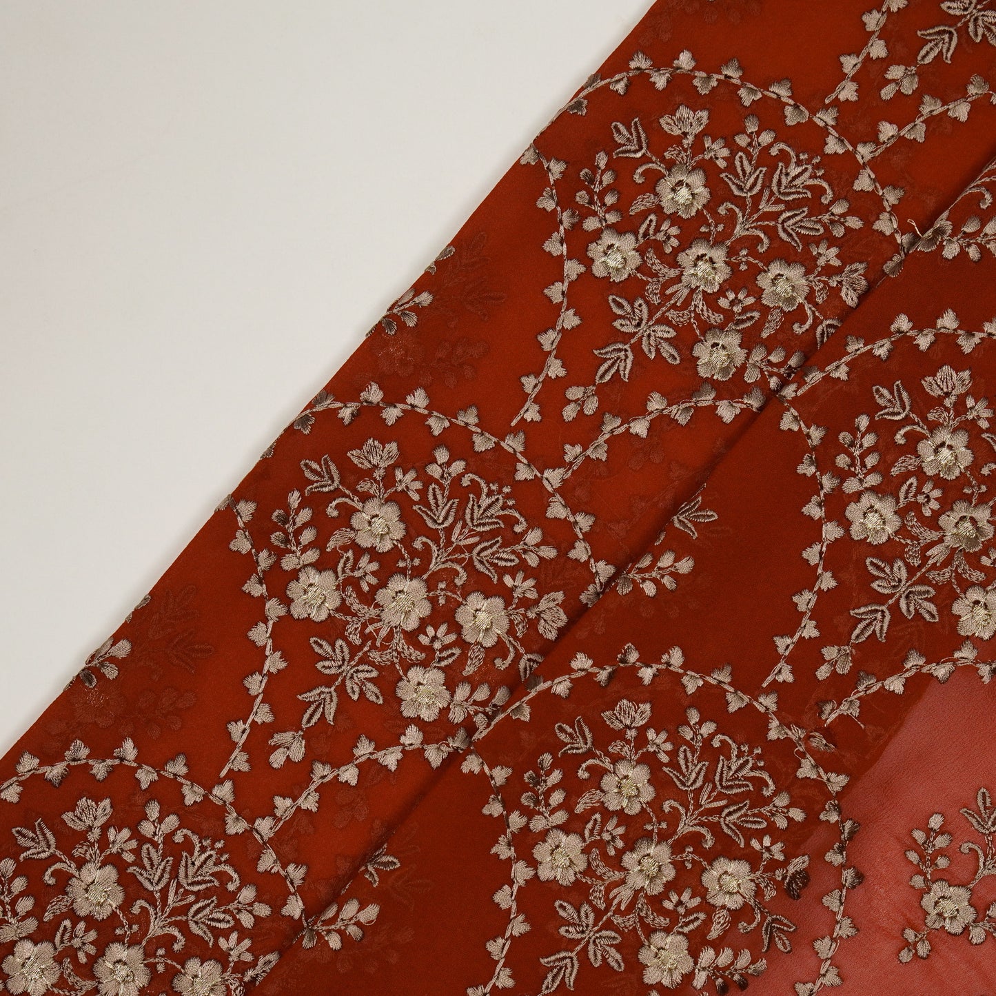 Mritsa Red Viscose Georgette Embroidered Fabric in Jaal Pattern