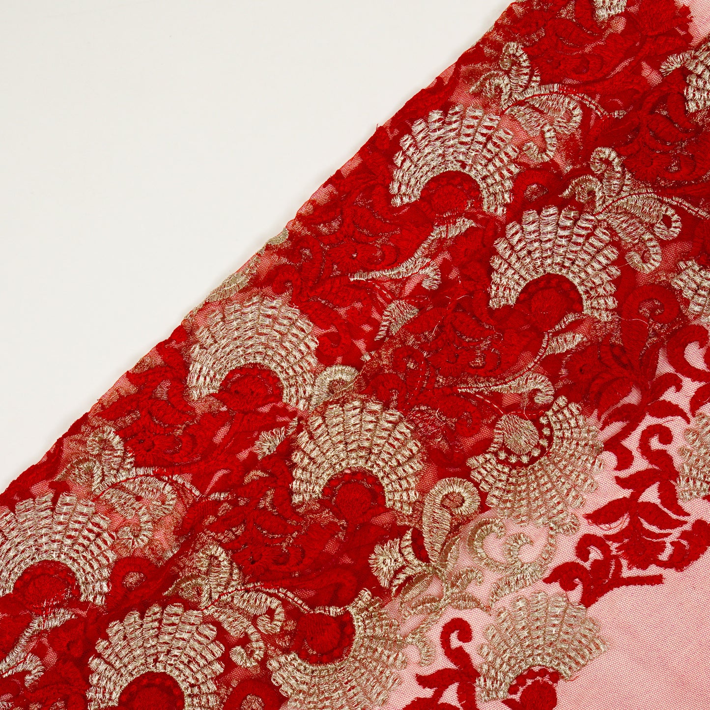 Eila Red Nylon Net  Embroidered Fabric in Jaal Pattern