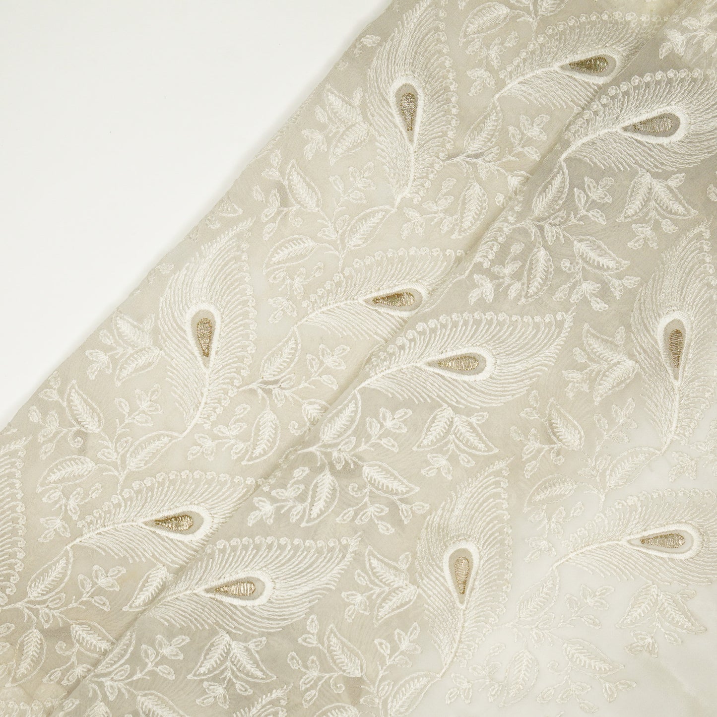 Fawyat White Viscose Georgette Embroidered Fabric in Jaal Pattern